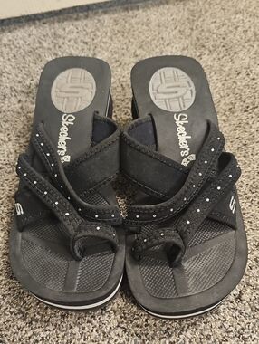 Skechers Black Slip-On Sandals with Crystal Accent Straps